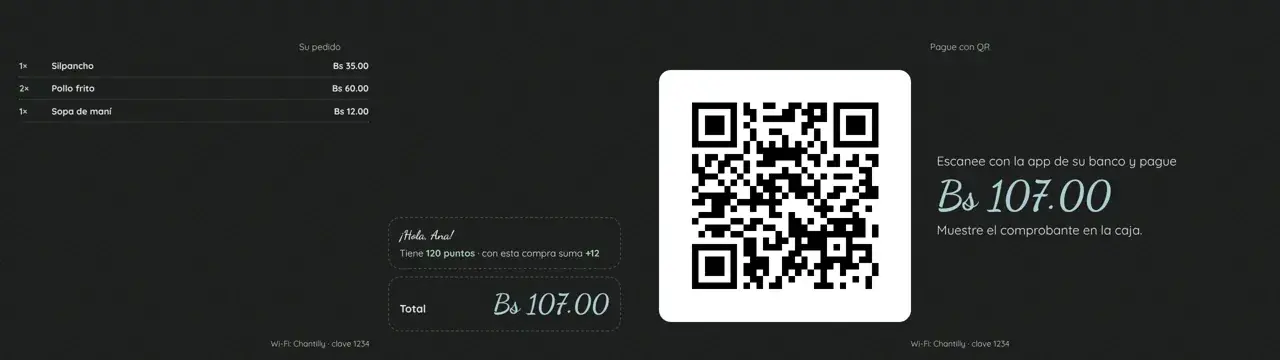 Pantalla del cliente con el pedido y el QR de pago