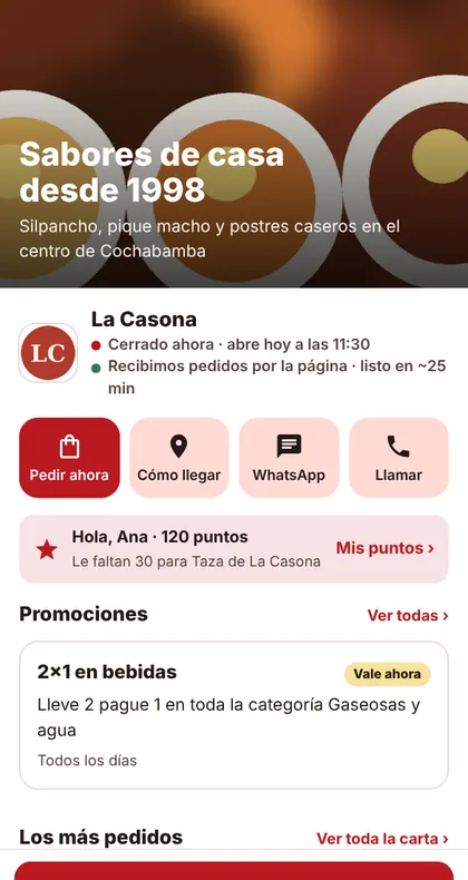 Página web de pedidos de un restaurante en el celular