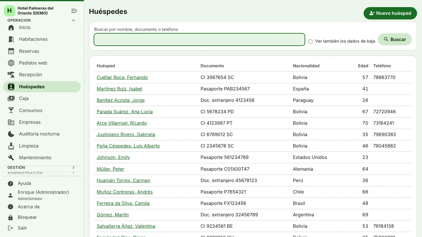 Lista de huéspedes con documento y nacionalidad