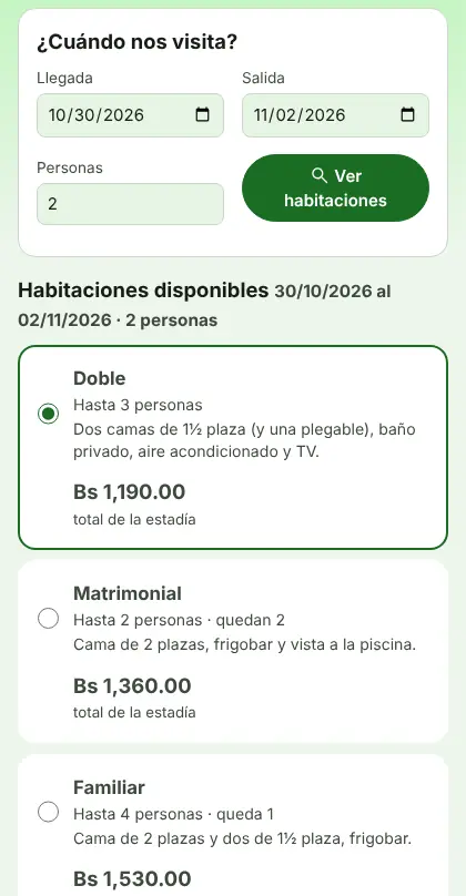Página de reservas del hotel en el celular